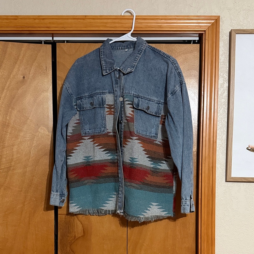 Denim Jacket with Southwestern Pattern